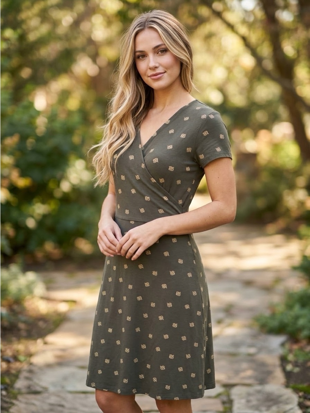 BODEN Olive Botanical Print Faux Wrap Belted Short Sleeve Jersey Dress